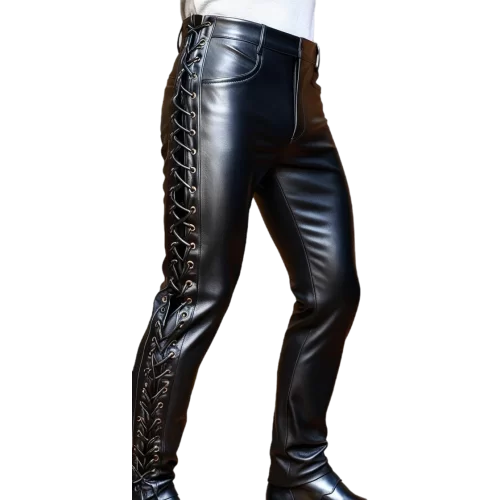 Pantalon cuir type jeans à lacets sur les côtés agneau plongé noir modèle Garryle