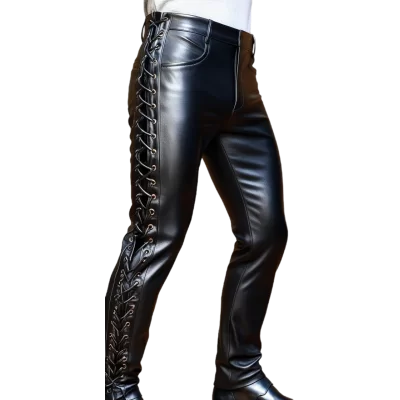 Pantalon cuir type jeans à lacets sur les côtés agneau plongé noir modèle Garryle