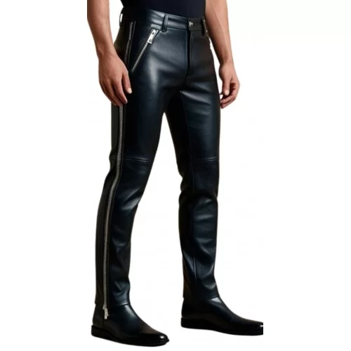 Pantalon cuir agneau avec fermetures éclairs sur les côtés modèle Brume