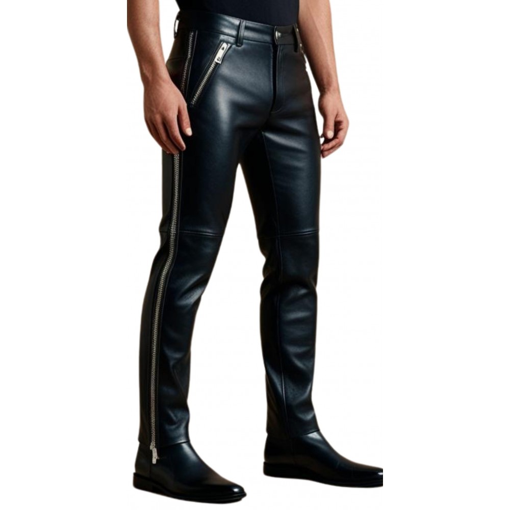 Pantalon cuir agneau avec fermetures éclairs sur les côtés modèle Brume