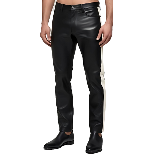 Pantalon en cuir agneau noir coupe jeans avec 1 bande blanche de chaque côté modèle Side