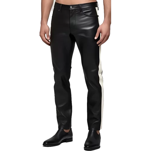 Pantalon en cuir agneau noir coupe jeans avec 1 bande blanche de chaque côté modèle Side