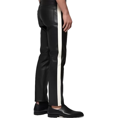 Pantalon en cuir agneau noir coupe jeans avec 1 bande blanche de chaque côté modèle Side
