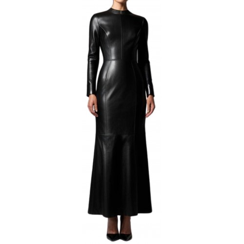 Robe longue en cuir d'agneau agneau noir modèle Sorallia