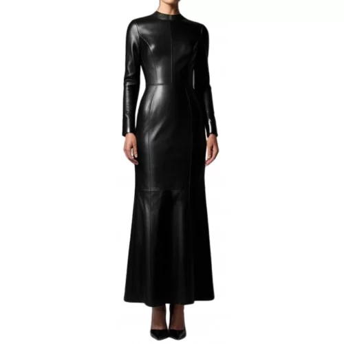 Robe longue en cuir d'agneau agneau noir modèle Sorallia