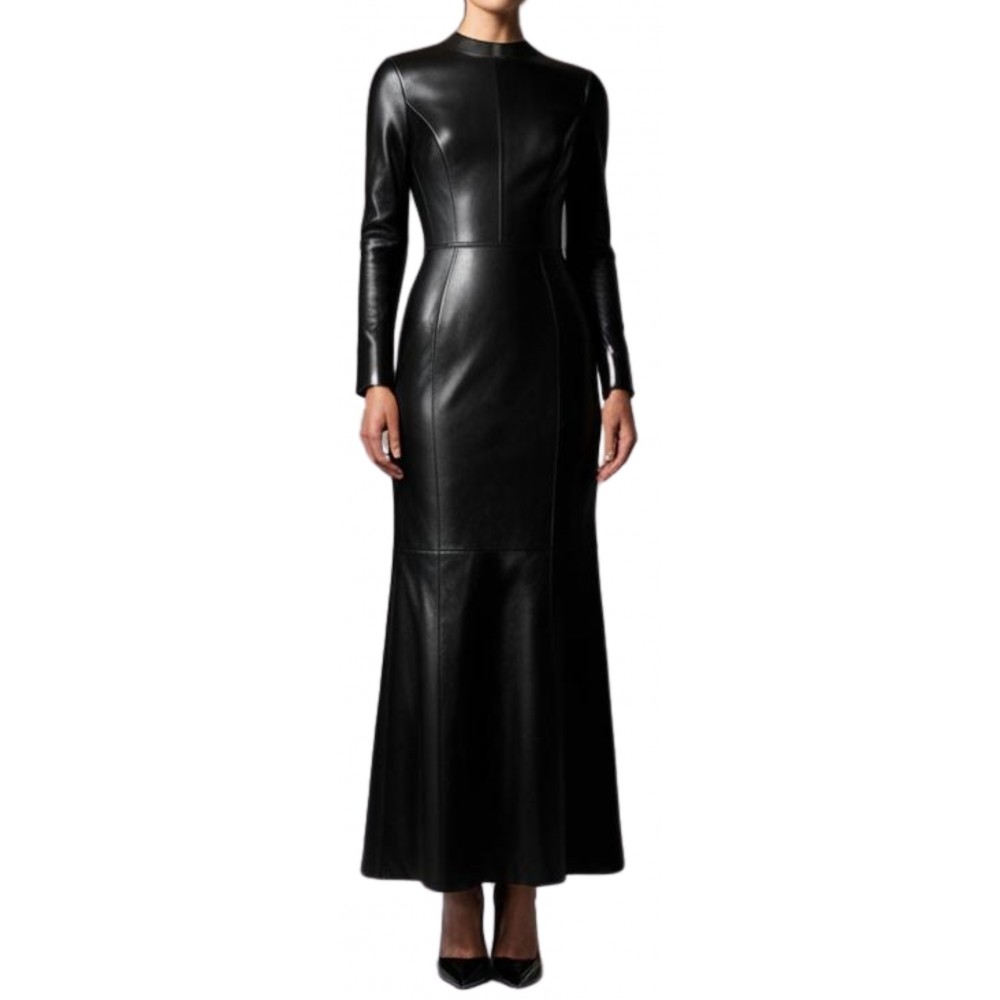 Robe longue en cuir d'agneau agneau noir modèle Sorallia