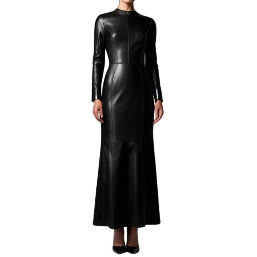 Robe longue en cuir d'agneau agneau noir modèle Sorallia
