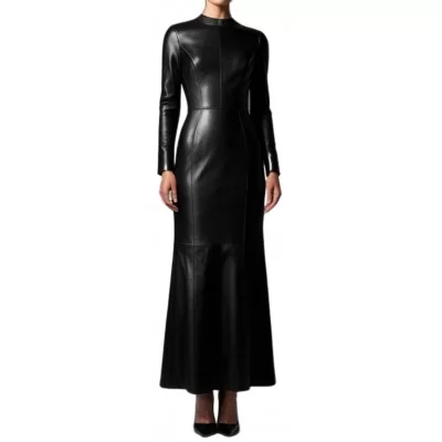 Robe longue en cuir d'agneau agneau noir modèle Sorallia