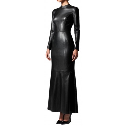 Robe longue en cuir d'agneau agneau noir modèle Sorallia