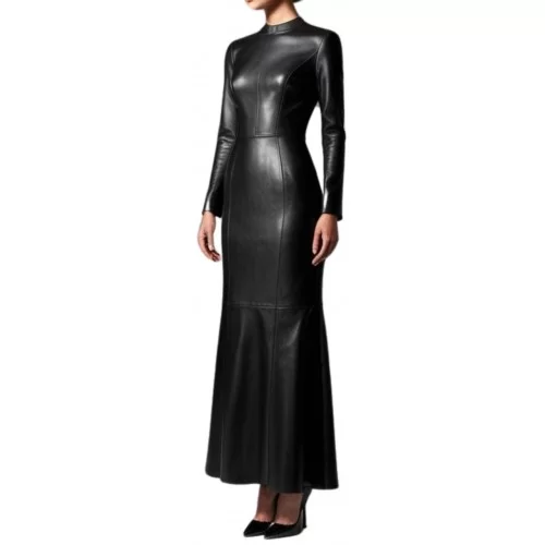 Robe longue en cuir d'agneau agneau noir modèle Sorallia