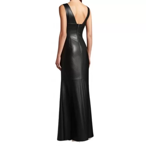 Robe de soirée longue en cuir d'agneau agneau noir modèle Primevère