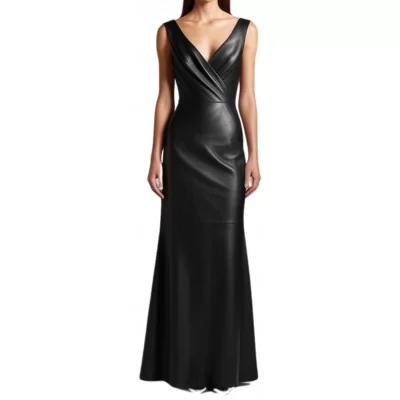 Robe de soirée longue en cuir d'agneau agneau noir modèle Primevère