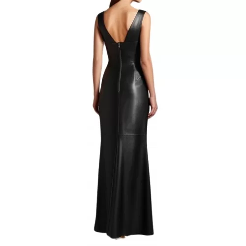 Robe de soirée longue en cuir d'agneau agneau noir modèle Primevère