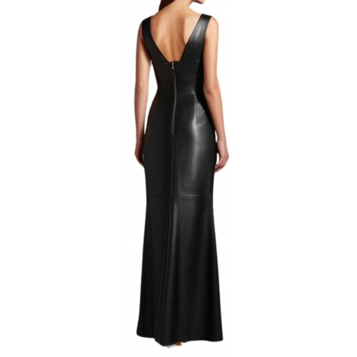 Robe de soirée longue en cuir d'agneau agneau noir modèle Primevère