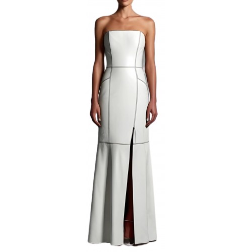 Robe de soirée ou de mariage en cuir d'agneau blanc modèle Sylvie