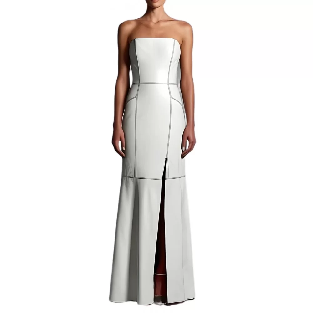 Robe de soirée ou de mariage en cuir d'agneau blanc modèle Sylvie