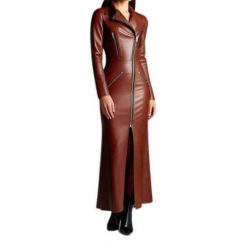 Robe longue de soirée style perfecto en cuir d'agneau marron modèle Malicia