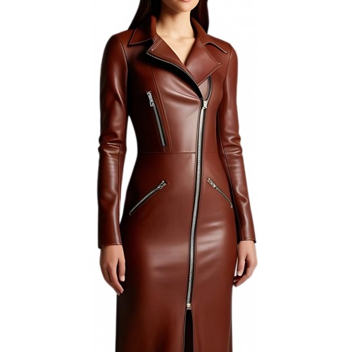 Robe longue de soirée style perfecto en cuir d'agneau marron modèle Malicia