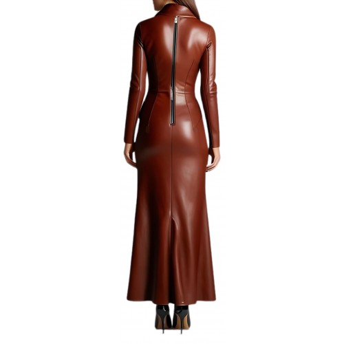 Robe longue de soirée style perfecto en cuir d'agneau marron modèle Malicia