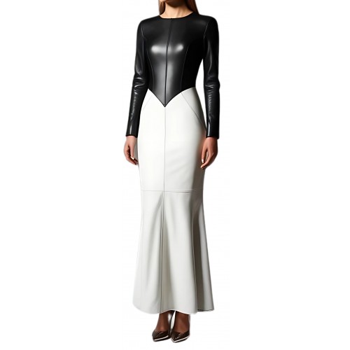 Robe de soirée ou de mariage bicolore en cuir d'agneau blanc et noir modèle Ora