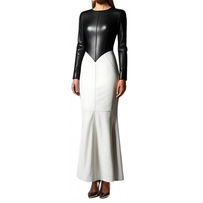 Robe de soirée ou de mariage bicolore en cuir d'agneau blanc et noir modèle Ora