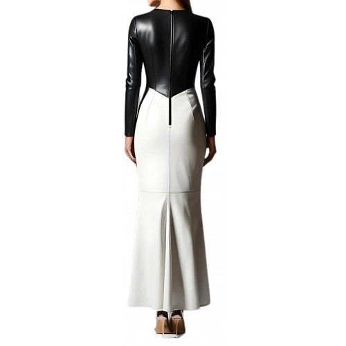 Robe de soirée ou de mariage bicolore en cuir d'agneau blanc et noir modèle Ora