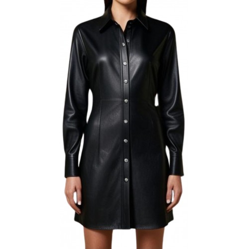 Robe chemise en cuir mi longue en agneau noir fermeture par boutons à l'avant modèle Zilia