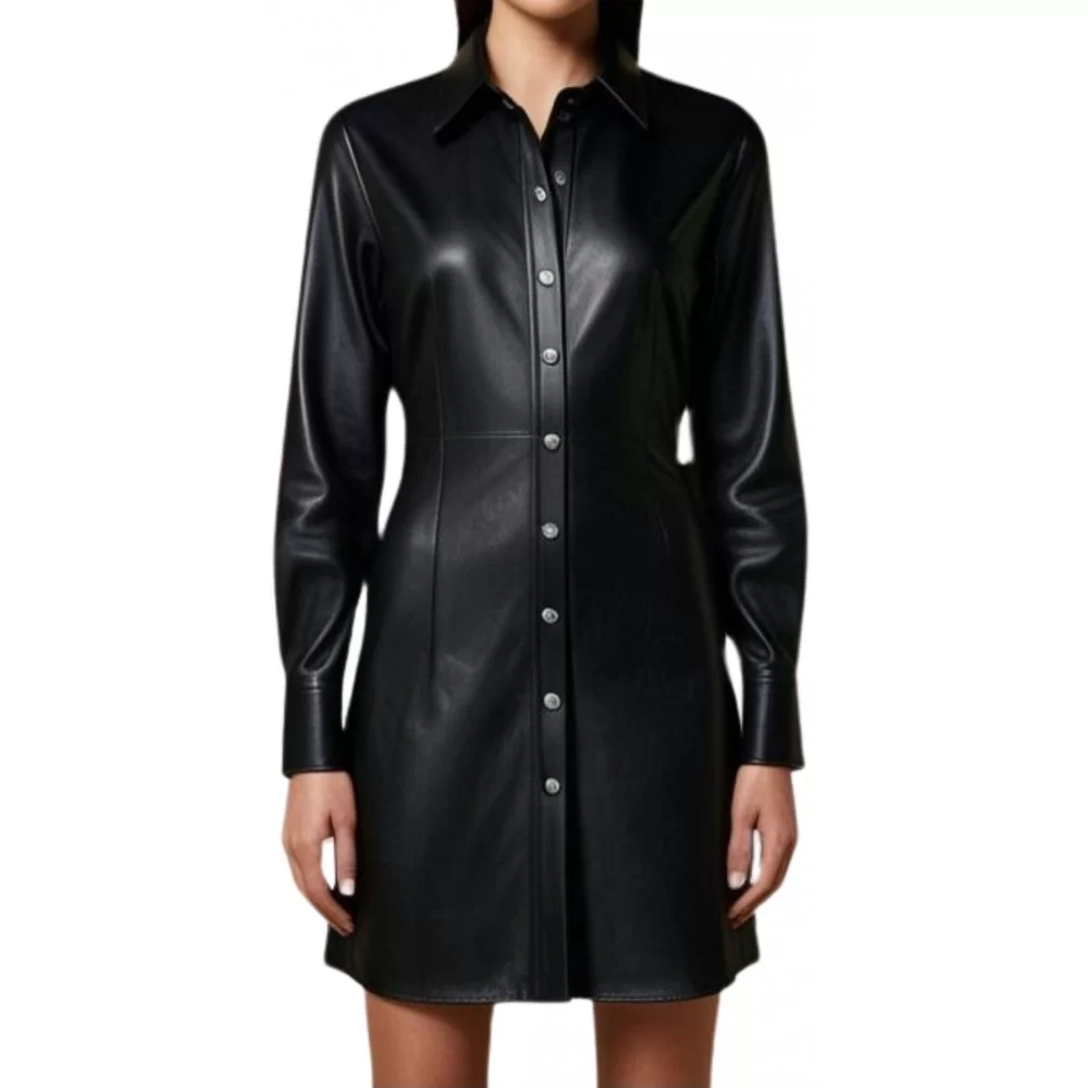 Robe chemise en cuir mi longue en agneau noir fermeture par boutons à l'avant modèle Zilia