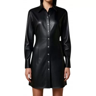 Robe chemise en cuir mi longue en agneau noir fermeture par boutons à l'avant modèle Zilia