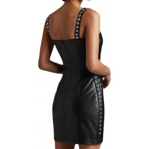 Robe à bretelles avec rivets métal en cuir en agneau noir fermeture par zip modèle Rachelle
