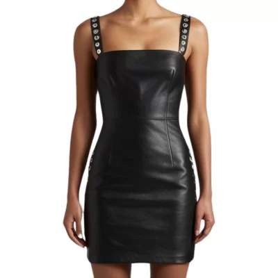 Robe à bretelles avec rivets métal en cuir en agneau noir fermeture par zip modèle Rachelle