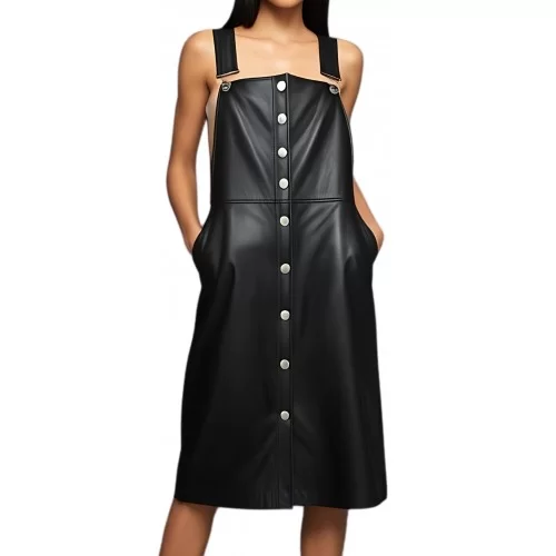 Robe en cuir d'agneau noir fermeture par boutons métal modèle Jessika