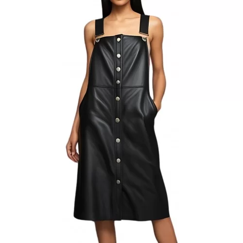 Robe en cuir d'agneau noir fermeture par boutons métal modèle Jessika