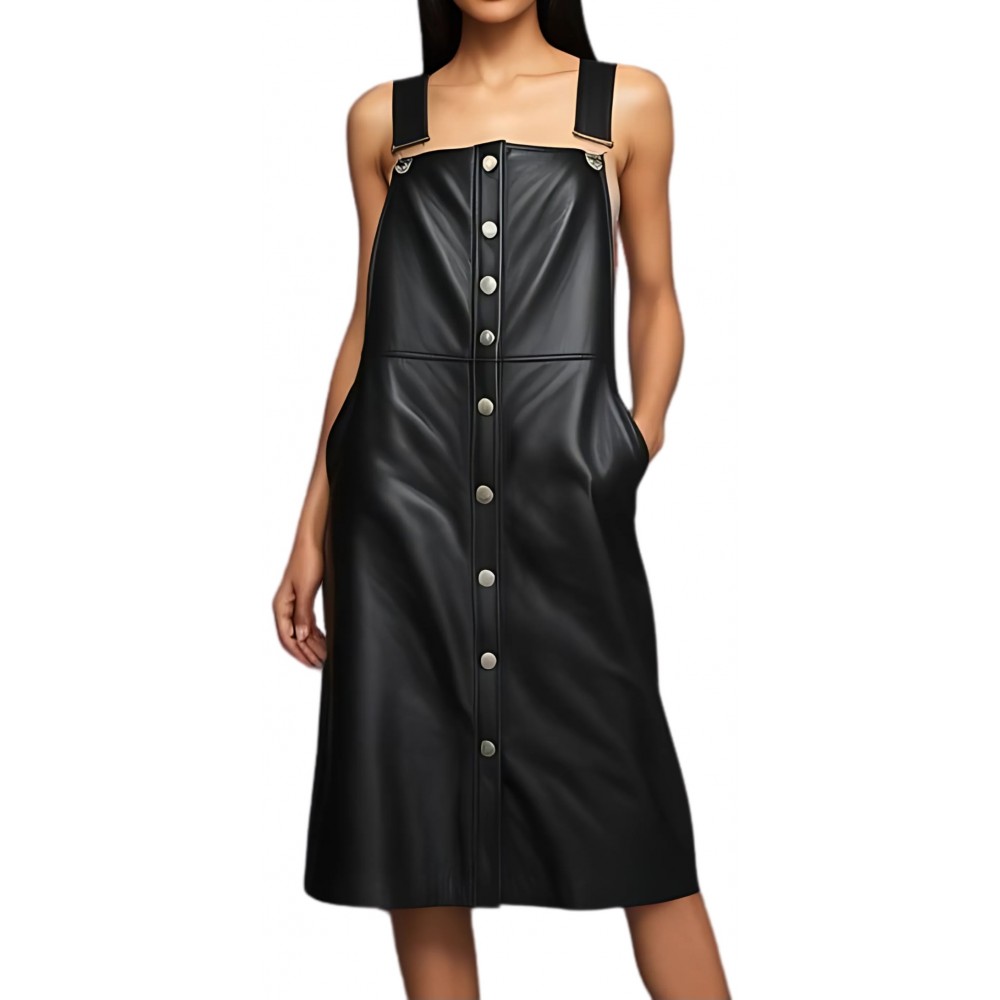 Robe en cuir d'agneau noir fermeture par boutons métal modèle Jessika