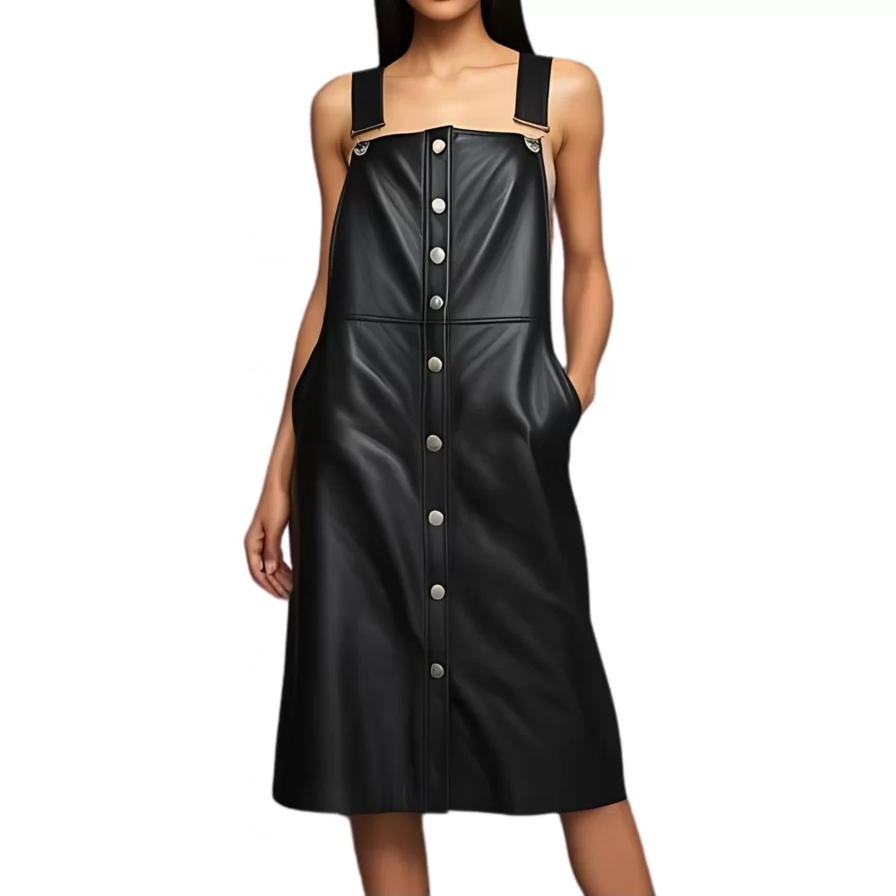 Robe en cuir d'agneau noir fermeture par boutons métal modèle Jessika