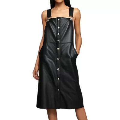 Robe en cuir d'agneau noir fermeture par boutons métal modèle Jessika
