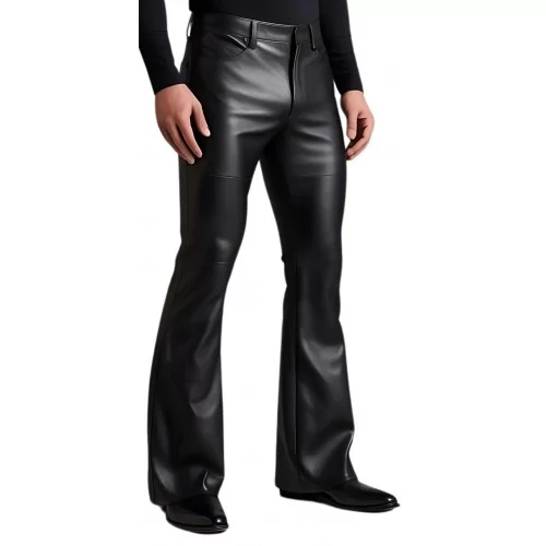 Pantalon en cuir homme coupe jeans évasée cuir agneau noir modèle Brasso