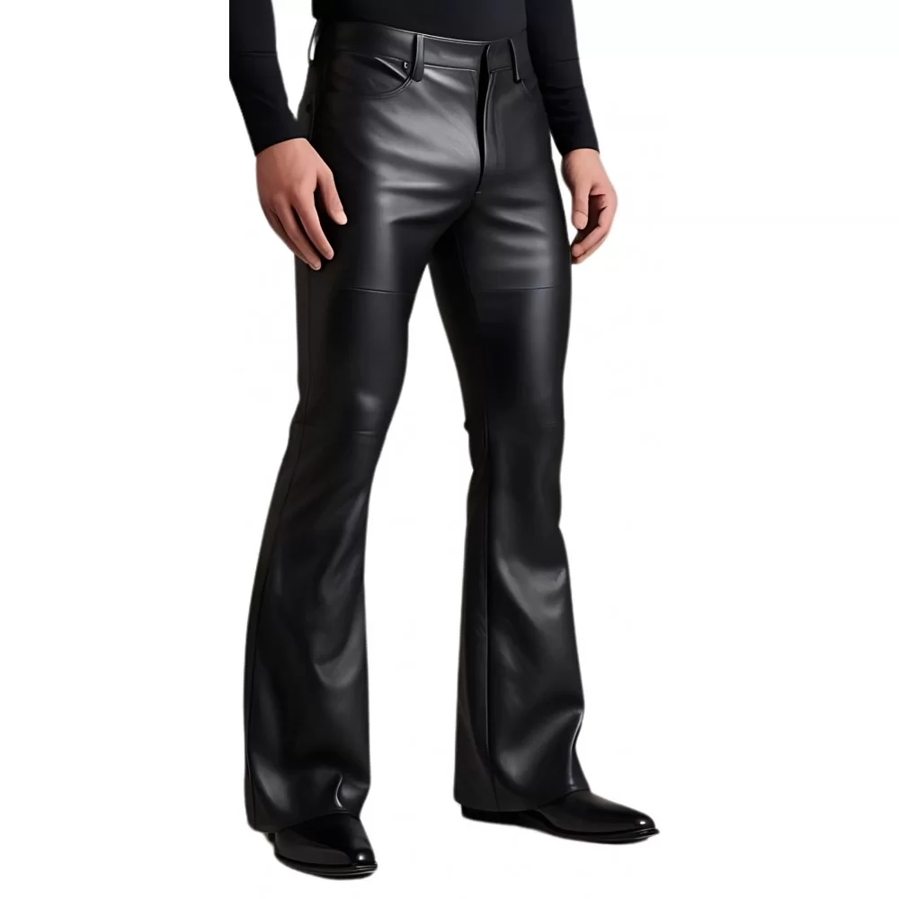 Pantalon en cuir homme coupe jeans évasée cuir agneau noir modèle Brasso