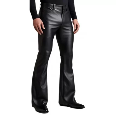 Pantalon en cuir homme coupe jeans évasée cuir agneau noir modèle Brasso