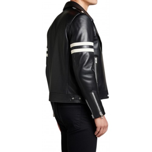 Blouson perfecto cuir agneau bicolore noir et bandes blanches aux manches modèle Rondo
