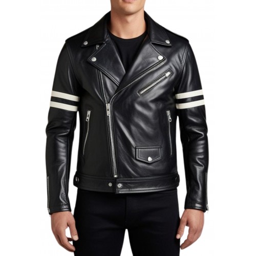 Blouson perfecto cuir agneau bicolore noir et bandes blanches aux manches modèle Rondo