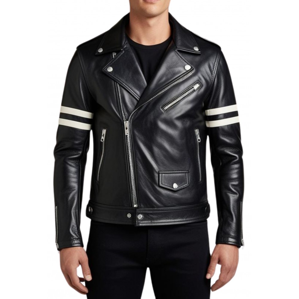 Blouson perfecto cuir agneau bicolore noir et bandes blanches aux manches modèle Rondo