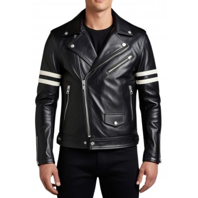 Blouson perfecto cuir agneau bicolore noir et bandes blanches aux manches modèle Rondo