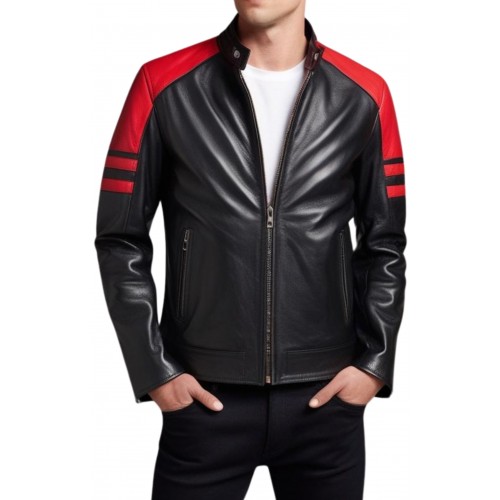 Blouson en cuir d'agneau bicolore noir et rouge modèle Bikers