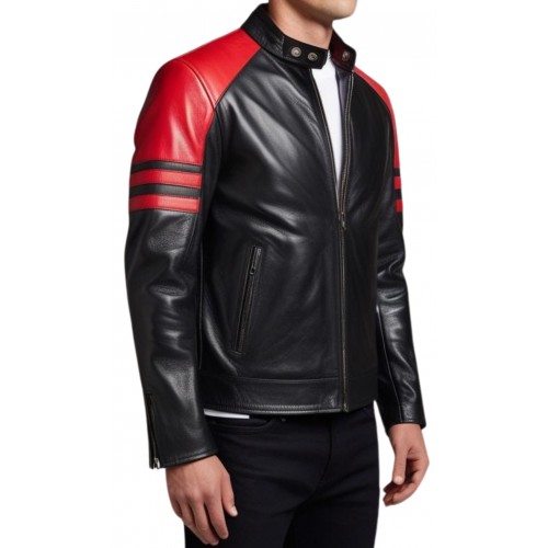 Blouson en cuir d'agneau bicolore noir et rouge modèle Bikers