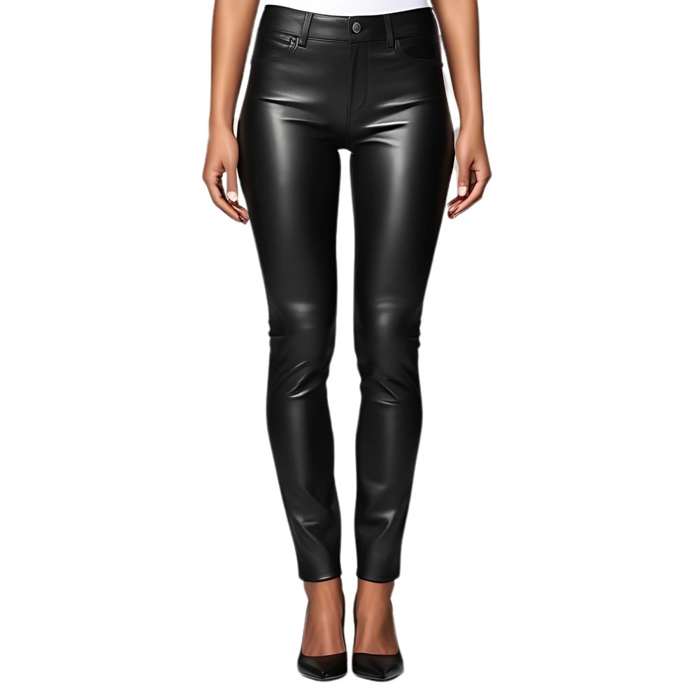 Pantalon jeans femme en cuir d'agneau stretch noir modèle Germai