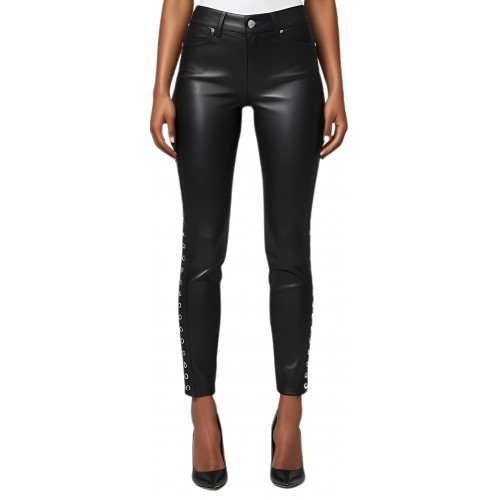 Pantalon jeans femme cuir d'agneau noir stretchavec rivets de chaque côté modèle Itiza