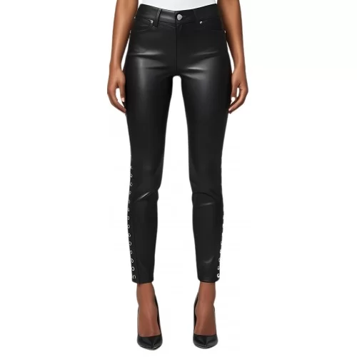 Pantalon jeans femme cuir d'agneau noir stretchavec rivets de chaque côté modèle Itiza