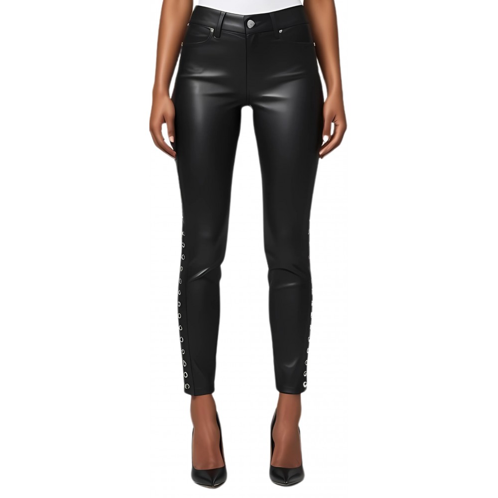 Pantalon jeans femme cuir d'agneau noir stretchavec rivets de chaque côté modèle Itiza