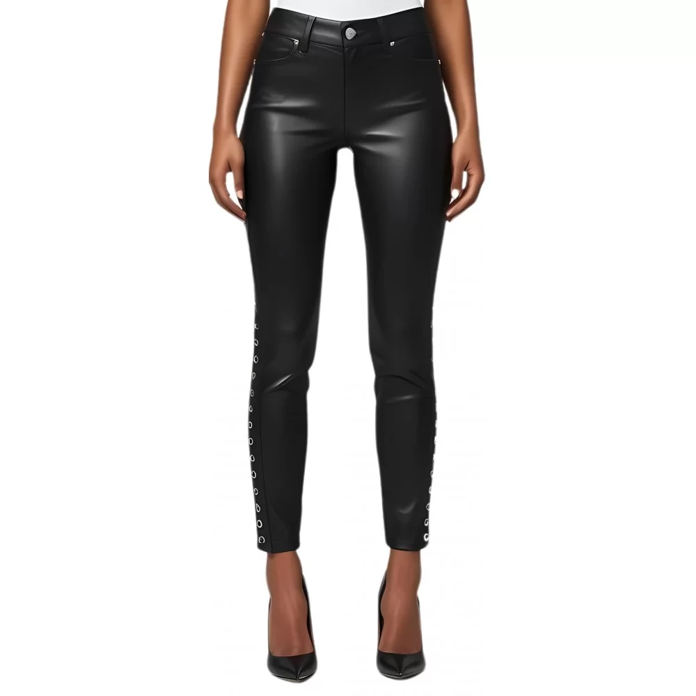 Pantalon jeans femme cuir d'agneau noir stretchavec rivets de chaque côté modèle Itiza